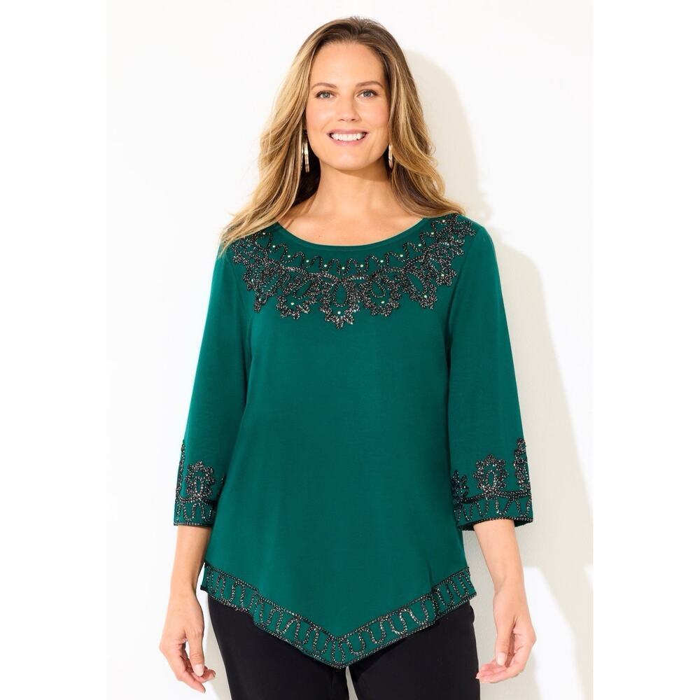 Catherines Top 1X Green Pointed Hem Embroidered 3/4 Sleeve Scoop Neck Stretch